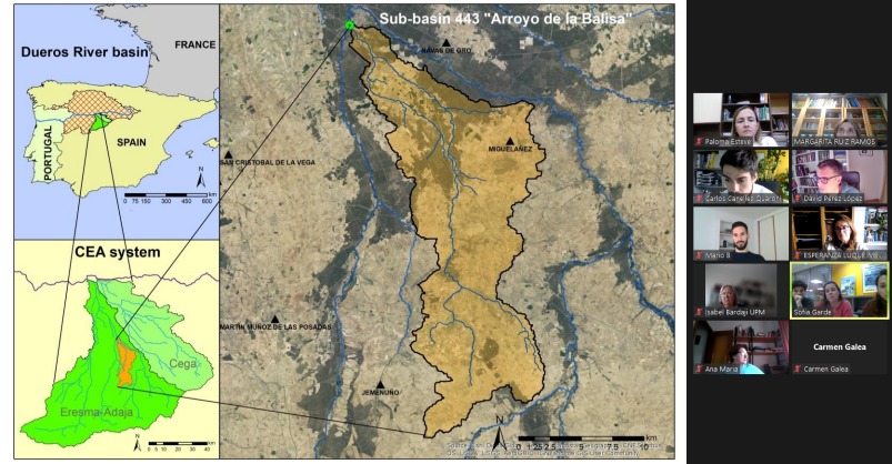 Imagen satelital de la Subcuenca del Arroyo de la Balisa, y sus cuencas asociadas. A la derecha aparece un pantallazo a la reunión de lanzamiento llevada a cabo a través de Zoom