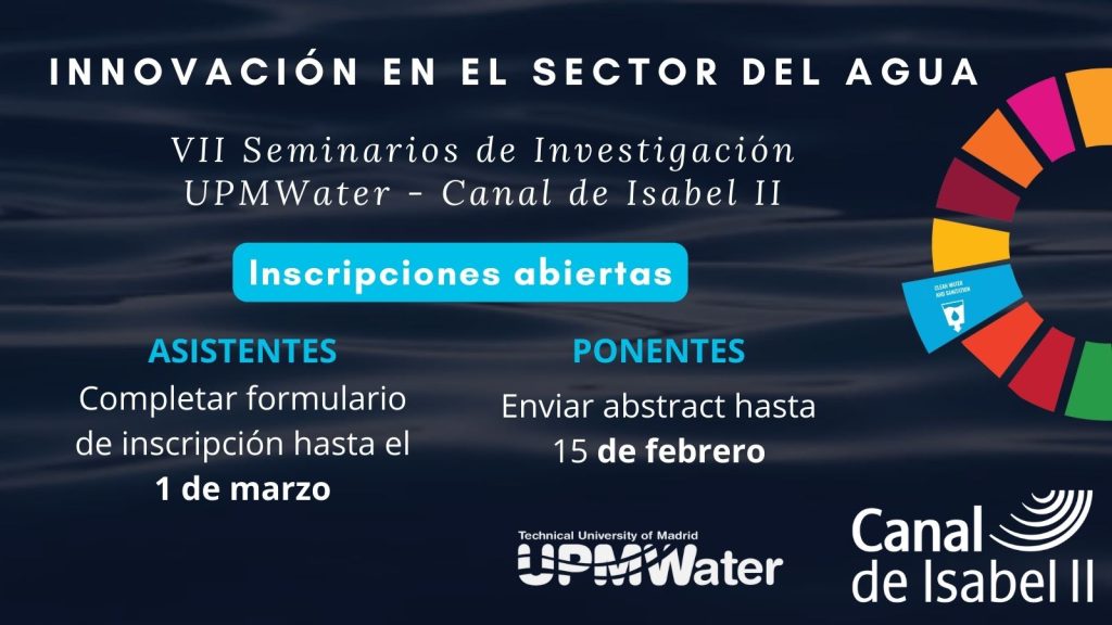 Cartel del evento sobre innovación en el sector del agua con plazos de inscripción para ponentes (15 febrero) y para asistentes (1 marzo)